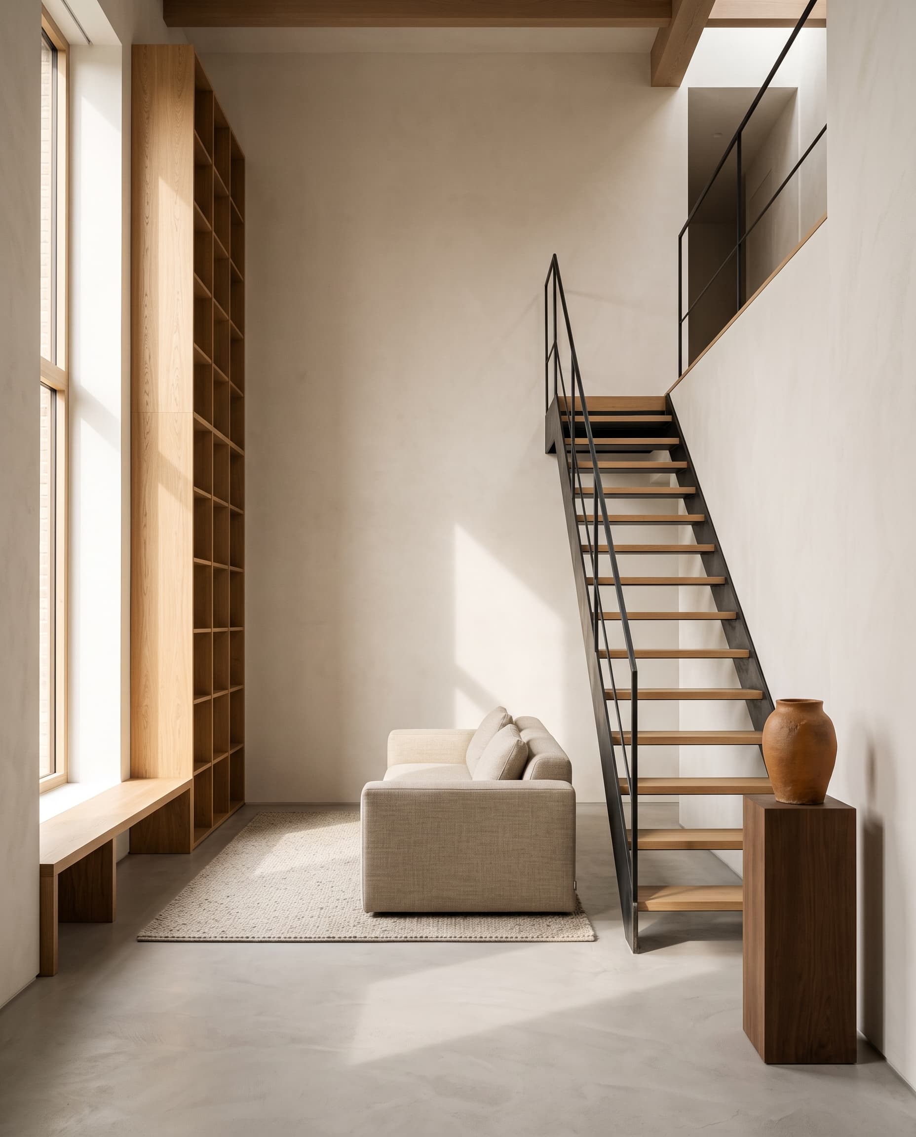 Intérieur aménagé par le Studio Orthogone : lumière naturelle, bois clair et lignes épurées.