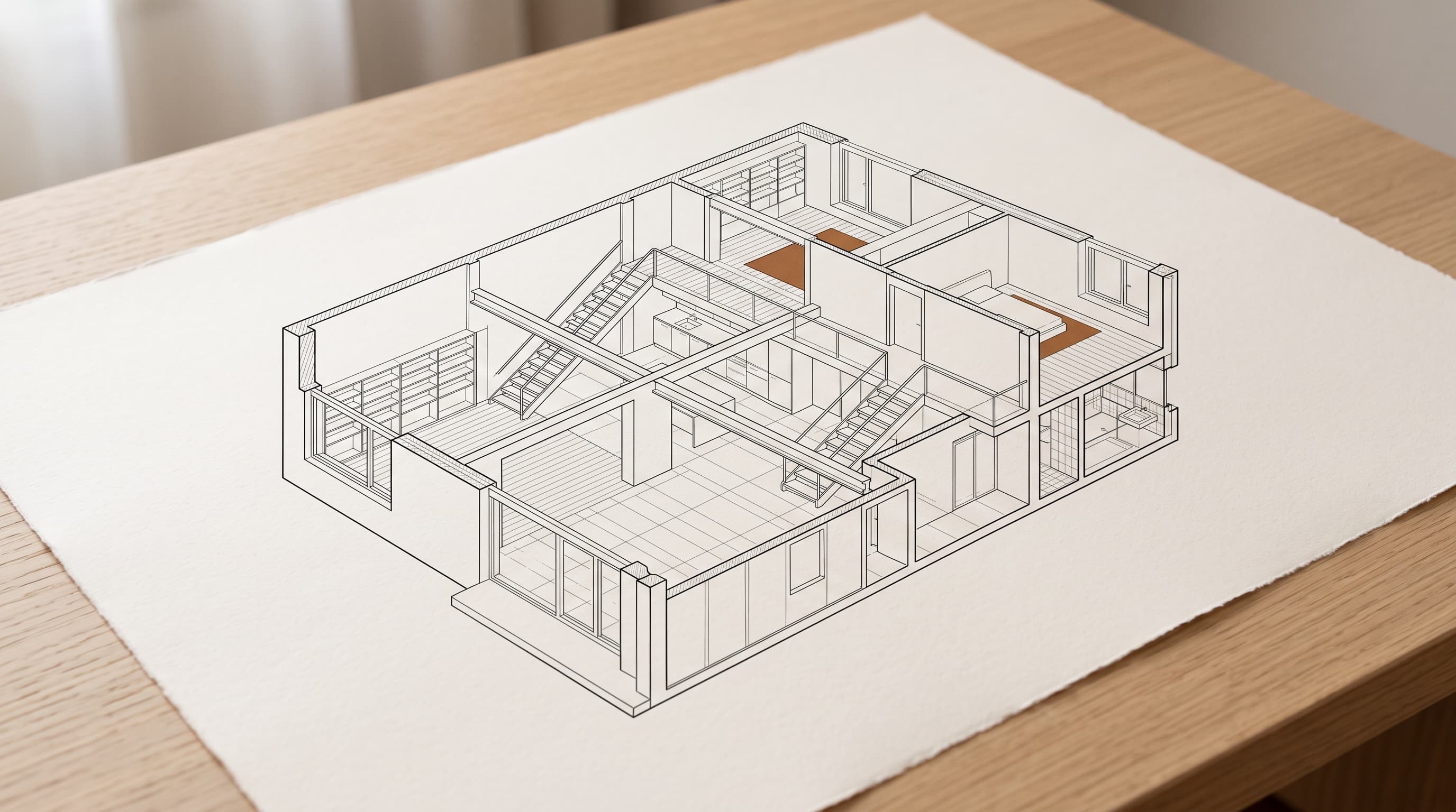 Plans 3D et maquettes — vue d'intérieur, lumière naturelle, palette sobre.