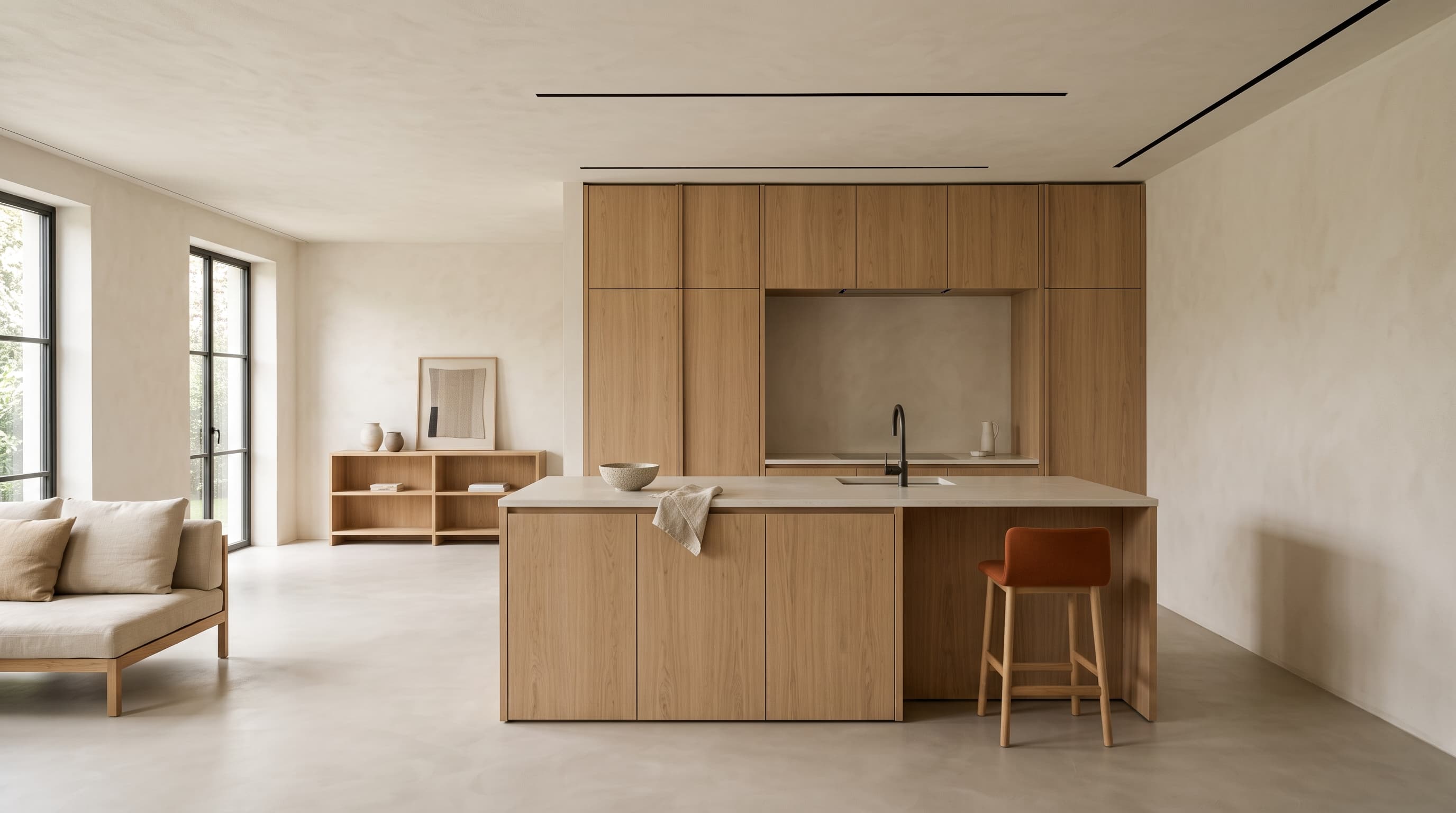 Aménagement intérieur — vue d'intérieur, lumière naturelle, palette sobre.