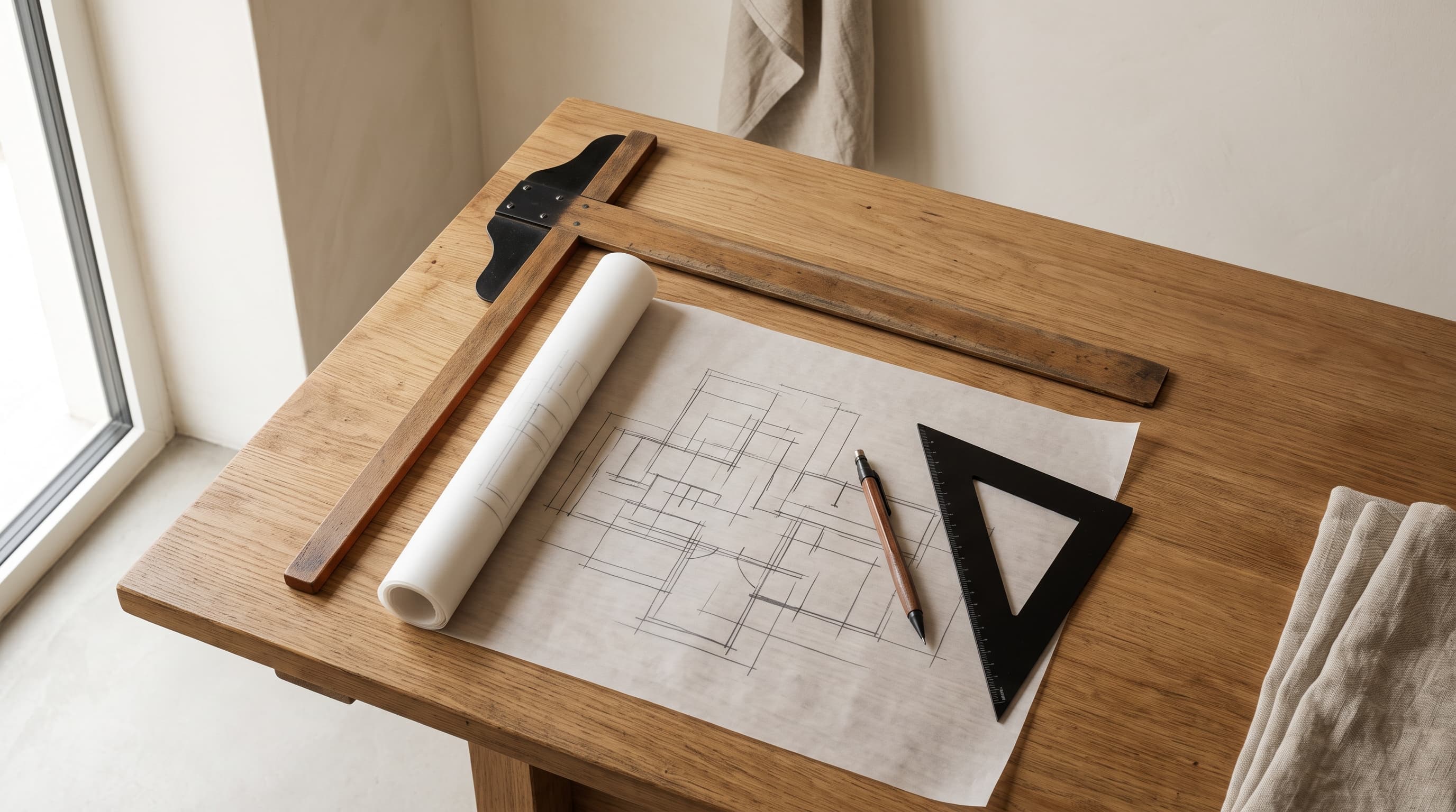 Conception de plan — vue d'intérieur, lumière naturelle, palette sobre.