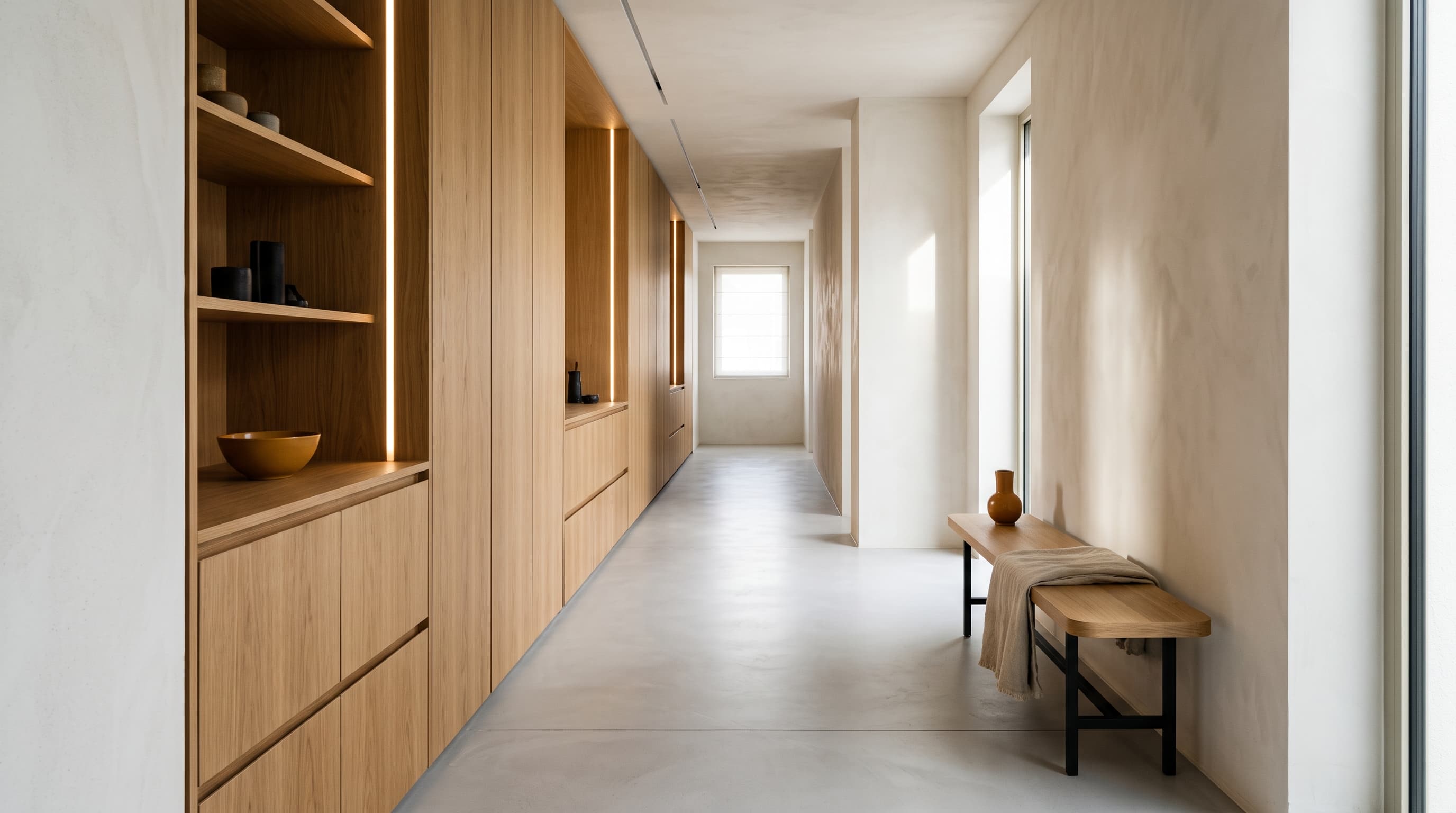 Optimisation des espaces — vue d'intérieur, lumière naturelle, palette sobre.